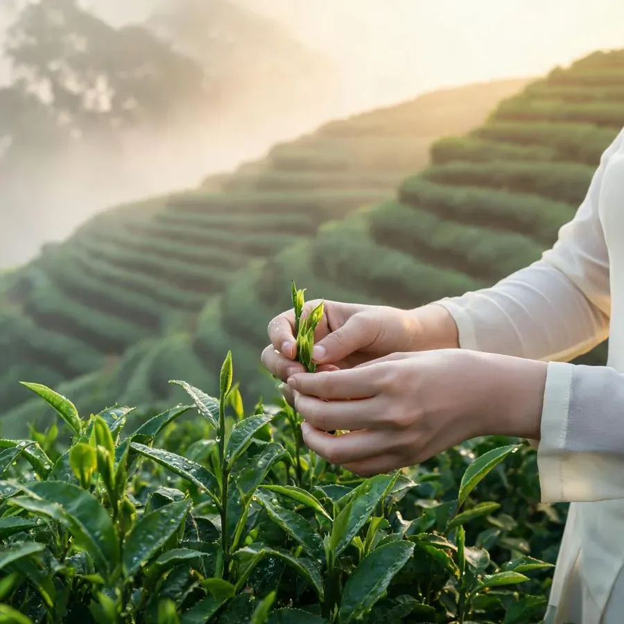 Đôi tay hái búp chè non trên đồi chè Tân Cương